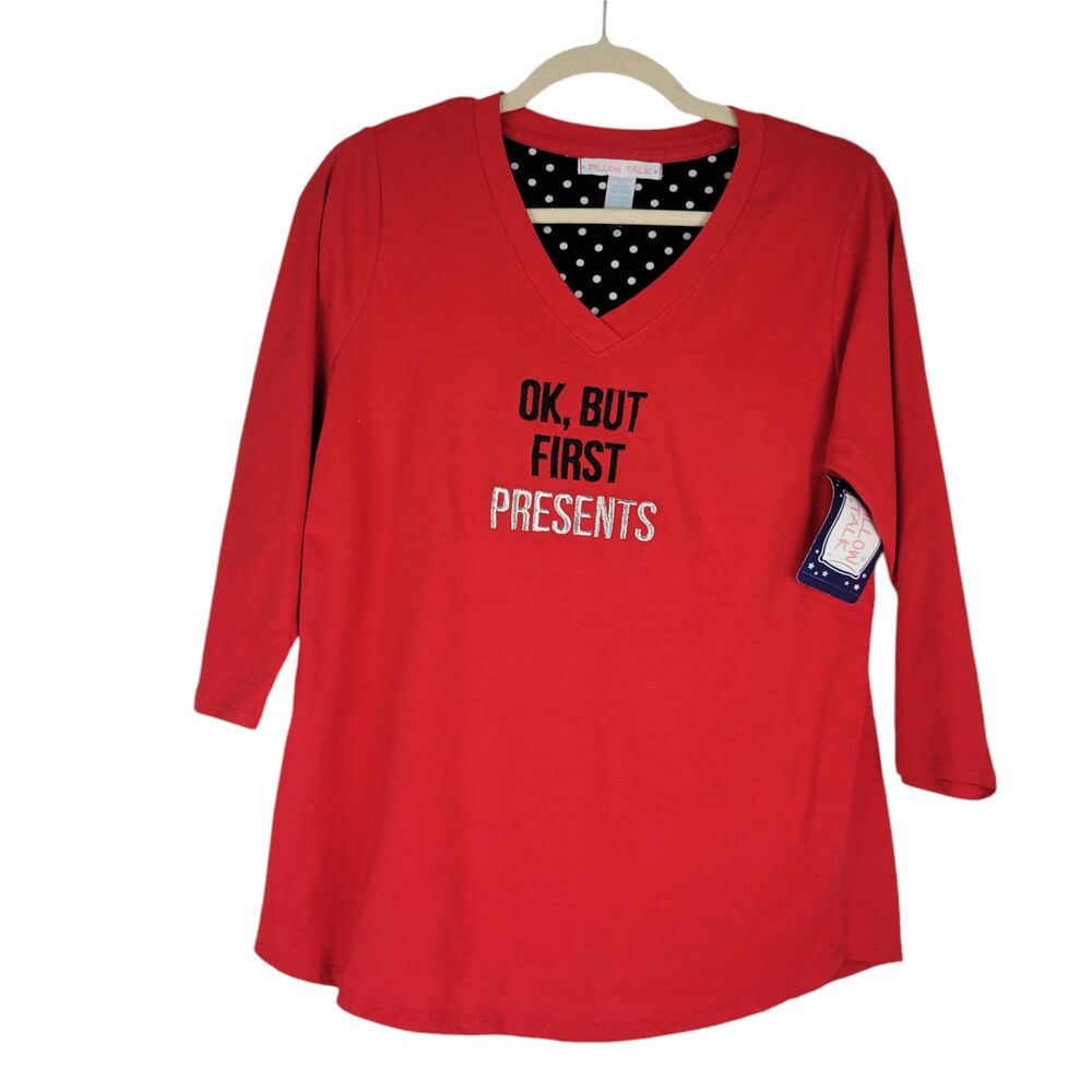 Pillow Talk Womens Pajama Top sz M Red Cotton Tunic "Ok, But First Presents" NWT
